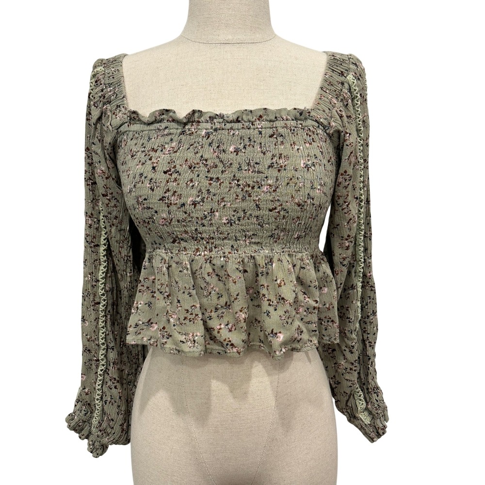 Style House Sage Green Floral Smocked Peplum Top Crochet Trim Long Sleeve S